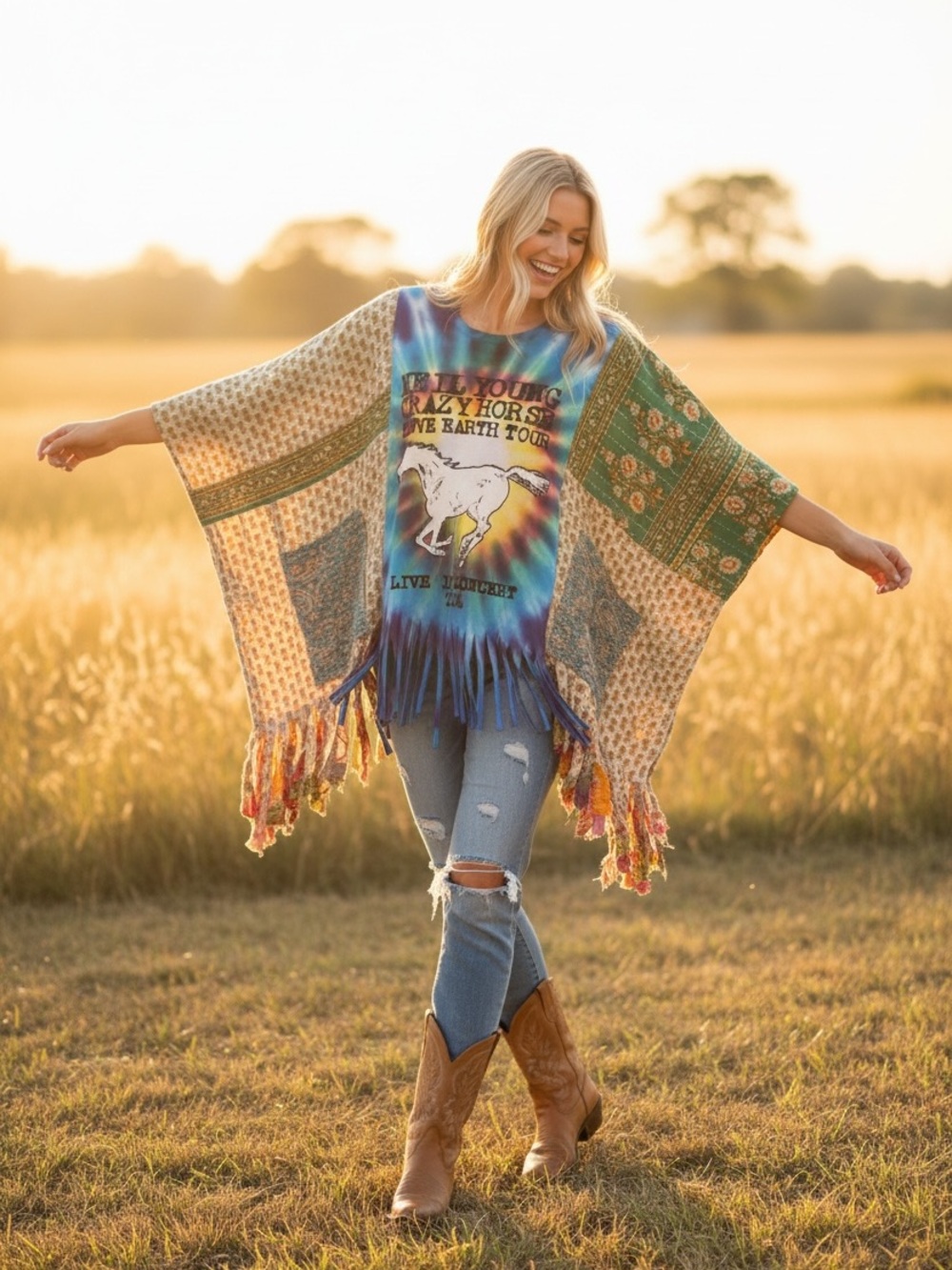 NEIL YOUNG Artisan Made Upcycle BAND T PONCHO SIZE INCLUSIVE Granny D Original - Picture 2 of 9
